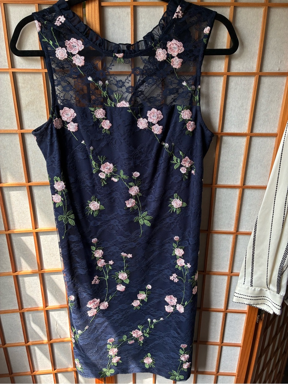 Karl Lagerfeld Navy Lace Mini Dress with Pink Floral Embroidery